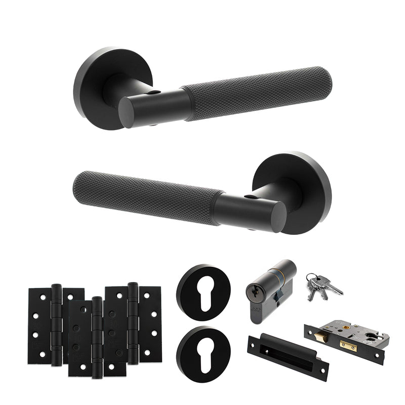Senza Pari Rosarno Door Handle Pack (Euro Lock Set - 3" CE Sashlock, 4" Fire Rated Hinges x3) - Matt Black - ADPSPR170MB23 - Choice Handles