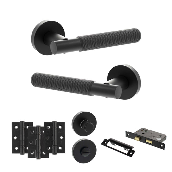 Senza Pari Rosarno Door Handle Pack (Bathroom Set - 2.5" CE Bathroom Lock, 3" Fire Rated Hinges x3) - Matt Black - ADPSPR170MB8 - Choice Handles