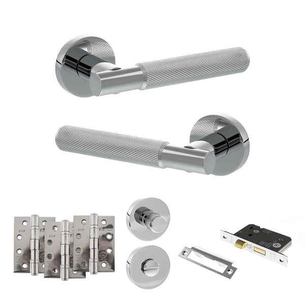 Senza Pari Rosarno Door Handle Pack (Bathroom Set - 2.5" CE Bathroom Lock, 4" Fire Rated Hinges x3) - Polished Chrome - ADPSPR170PC10 - Choice Handles
