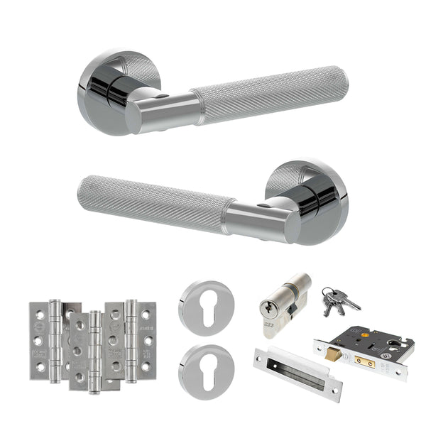 Senza Pari Rosarno Door Handle Pack (Euro Lock Set - 2.5" CE Sashlock, 3" Fire Rated Hinges x3) - Polished Chrome - ADPSPR170PC20 - Choice Handles