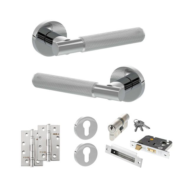 Senza Pari Rosarno Door Handle Pack (Euro Lock Set - 2.5" CE Sashlock, 4" Slim Knuckle Hinges x2) - Polished Chrome - ADPSPR170PC24 - Choice Handles
