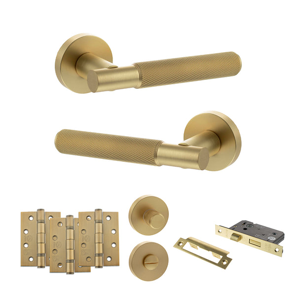 Senza Pari Rosarno Door Handle Pack (Bathroom Set - 2.5" CE Bathroom Lock, 4" Fire Rated Hinges x3) - Satin Brass - ADPSPR170SB10