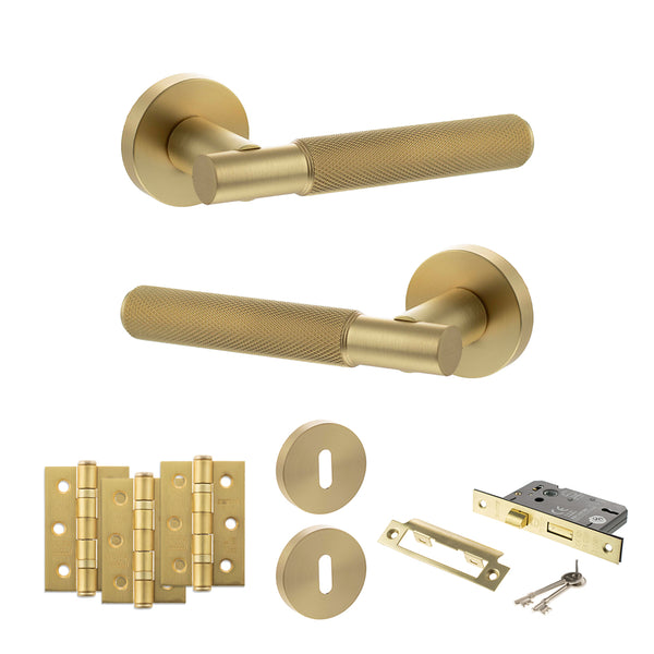 Senza Pari Rosarno Door Handle Pack (3 Lever Lock Set - 2.5" CE Sashlock, 3" Fire Rated Hinges x3) - Satin Brass - ADPSPR170SB14 - Choice Handles