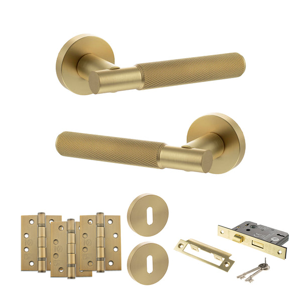 Senza Pari Rosarno Door Handle Pack (3 Lever Lock Set - 2.5" CE Sashlock, 4" Fire Rated Hinges x3) - Satin Brass - ADPSPR170SB16 - Choice Handles