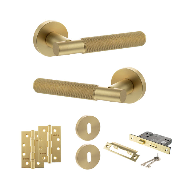 Senza Pari Rosarno Door Handle Pack (3 Lever Lock Set - 2.5" CE Sashlock, 4" Slim Knuckle Hinges x2) - Satin Brass - ADPSPR170SB18 - Choice Handles