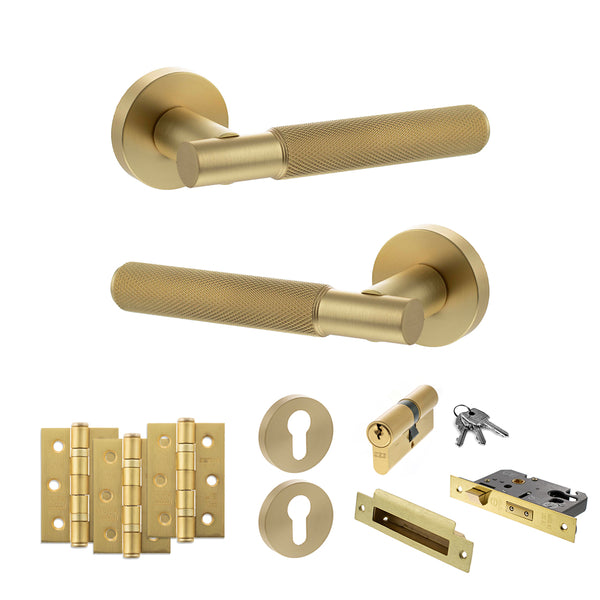Senza Pari Rosarno Door Handle Pack (Euro Lock Set - 2.5" CE Sashlock, 3" Fire Rated Hinges x3) - Satin Brass - ADPSPR170SB20 - Choice Handles