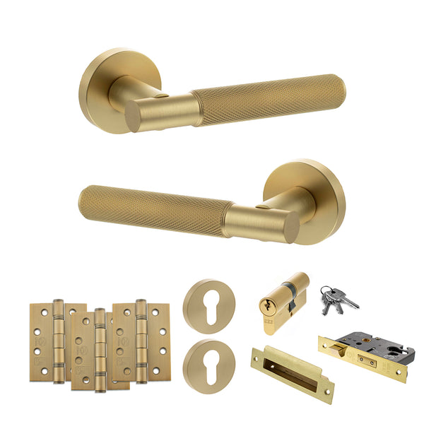 Senza Pari Rosarno Door Handle Pack (Euro Lock Set - 3" CE Sashlock, 4" Fire Rated Hinges x3) - Satin Brass - ADPSPR170SB23 - Choice Handles
