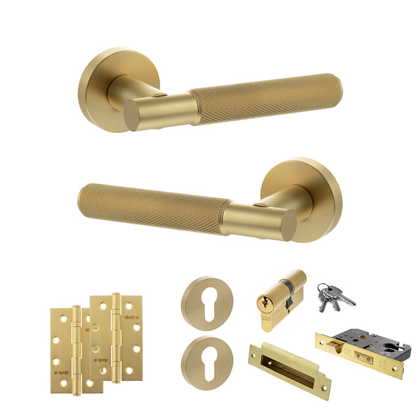 Senza Pari Rosarno Door Handle Pack (Euro Lock Set - 2.5" CE Sashlock, 4" Slim Knuckle Hinges x2) - Satin Brass - ADPSPR170SB24 - Choice Handles