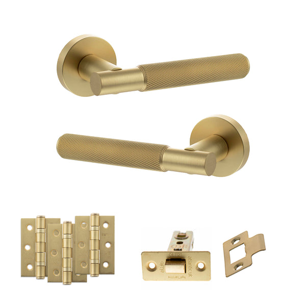 Senza Pari Rosarno Door Handle Pack (Latch Set - 3" CE Latch, 3" Fire Rated Hinges x3) - Satin Brass - ADPSPR170SB2