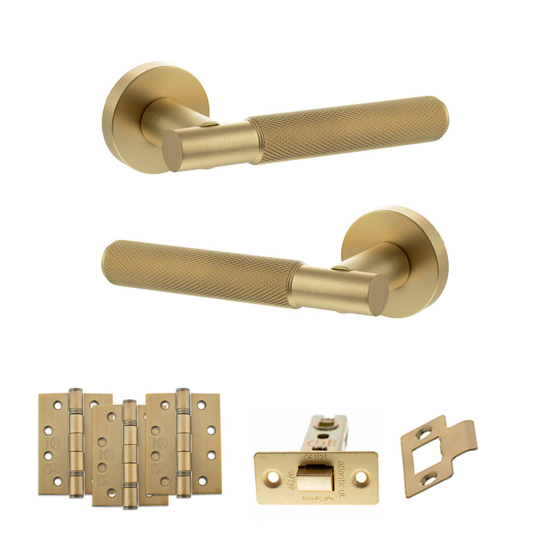 Senza Pari Rosarno Door Handle Pack (Latch Set - 2.5" CE Latch, 4" Fire Rated Hinges x3) - Satin Brass - ADPSPR170SB3