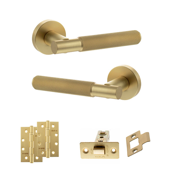 Senza Pari Rosarno Door Handle Pack (Latch Set - 3" CE Latch, 4" Slim Knuckle Hinges x2) - Satin Brass - ADPSPR170SB6