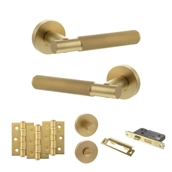 Senza Pari Rosarno Door Handle Pack (Bathroom Set - 2.5" CE Bathroom Lock, 3" Fire Rated Hinges x3) - Satin Brass - ADPSPR170SB8