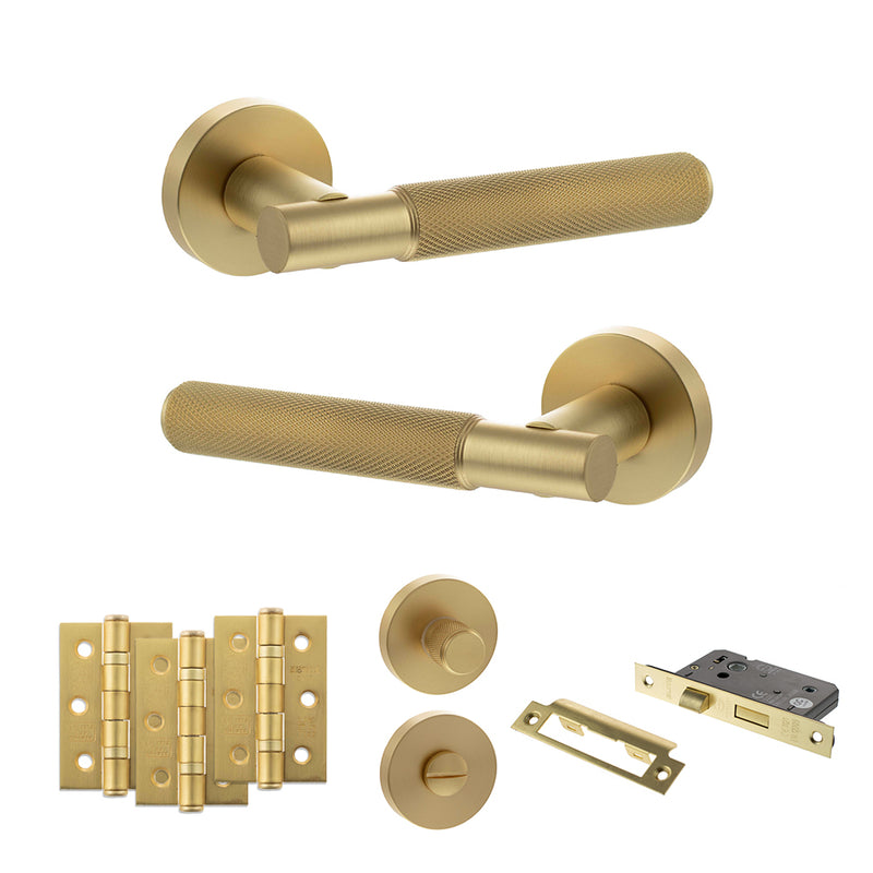 Senza Pari Rosarno Door Handle Pack (Bathroom Set - 2.5" CE Bathroom Lock, 3" Fire Rated Hinges x3) - Satin Brass - ADPSPR170SB8