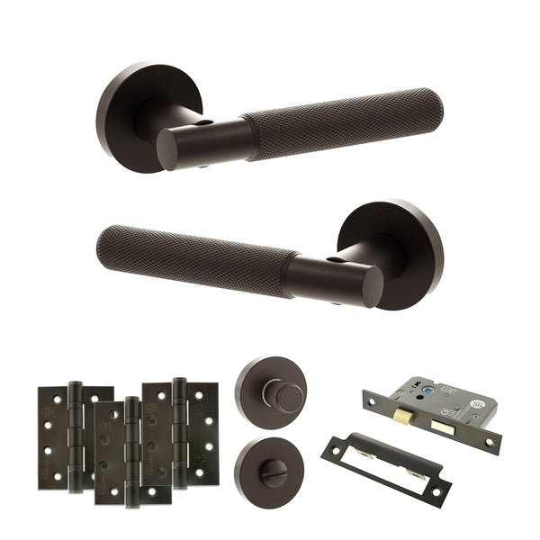 Senza Pari Rosarno Door Handle Pack (Bathroom Set - 2.5" CE Bathroom Lock, 4" Fire Rated Hinges x3) - Urban Dark Bronze - ADPSPR170UDB10 - Choice Handles
