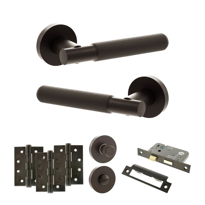 Senza Pari Rosarno Door Handle Pack (Bathroom Set - 2.5" CE Bathroom Lock, 4" Fire Rated Hinges x3) - Urban Dark Bronze - ADPSPR170UDB10 - Choice Handles