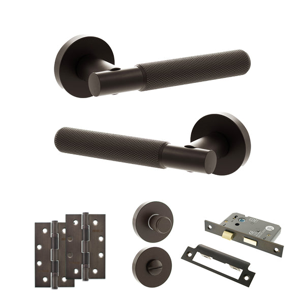 Senza Pari Rosarno Door Handle Pack (Bathroom Set - 3" CE Bathroom Lock, 4" Slim Knuckle Hinges x2) - Urban Dark Bronze - ADPSPR170UDB13 - Choice Handles