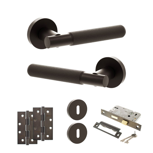 Senza Pari Rosarno Door Handle Pack (3 Lever Lock Set - 3" CE Sashlock, 4" Slim Knuckle Hinges x2) - Urban Dark Bronze - ADPSPR170UDB19 - Choice Handles
