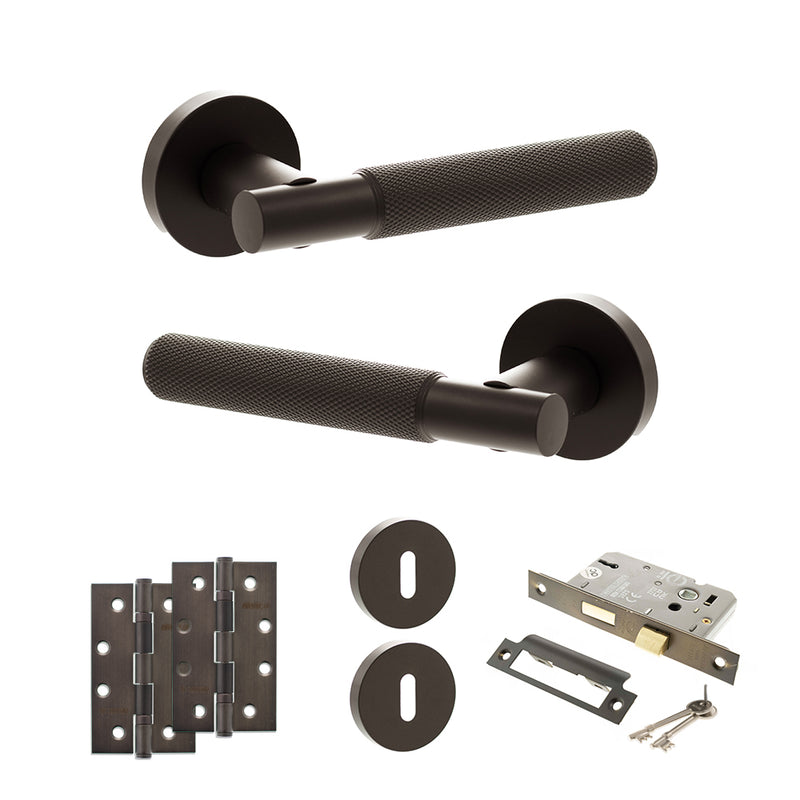 Senza Pari Rosarno Door Handle Pack (3 Lever Lock Set - 3" CE Sashlock, 4" Slim Knuckle Hinges x2) - Urban Dark Bronze - ADPSPR170UDB19 - Choice Handles