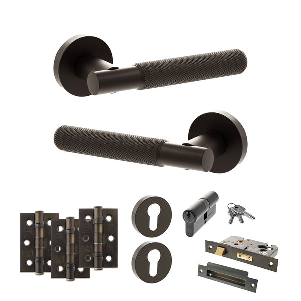 Senza Pari Rosarno Door Handle Pack (Euro Lock Set - 2.5" CE Sashlock, 3" Fire Rated Hinges x3) - Urban Dark Bronze - ADPSPR170UDB20 - Choice Handles