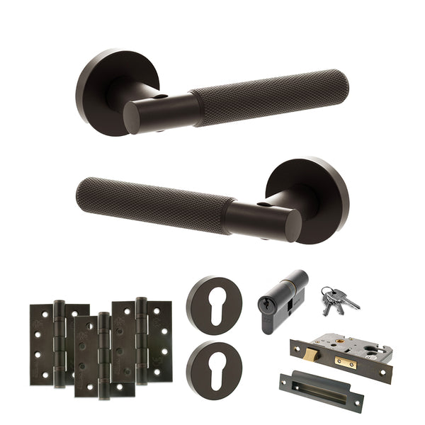 Senza Pari Rosarno Door Handle Pack (Euro Lock Set - 3" CE Sashlock, 4" Fire Rated Hinges x3) - Urban Dark Bronze - ADPSPR170UDB23 - Choice Handles
