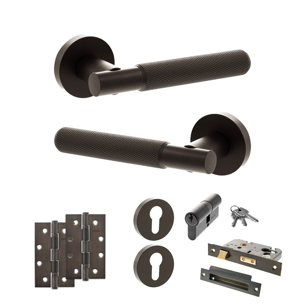 Senza Pari Rosarno Door Handle Pack (Euro Lock Set - 2.5" CE Sashlock, 4" Slim Knuckle Hinges x2) - Urban Dark Bronze - ADPSPR170UDB24 - Choice Handles