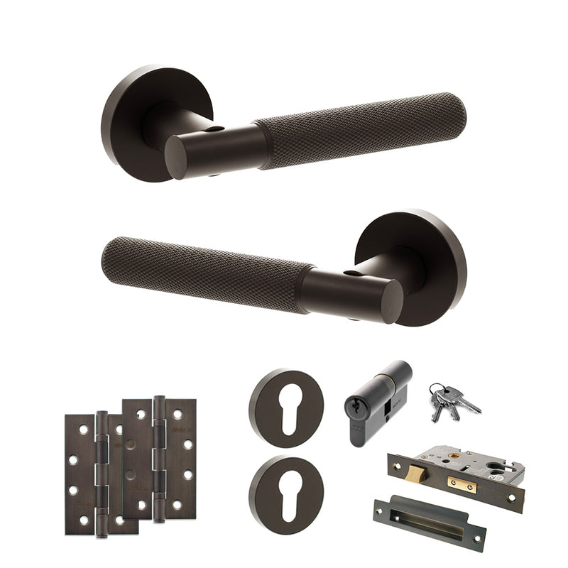 Senza Pari Rosarno Door Handle Pack (Euro Lock Set - 3" CE Sashlock, 4" Slim Knuckle Hinges x2) - Urban Dark Bronze - ADPSPR170UDB25 - Choice Handles