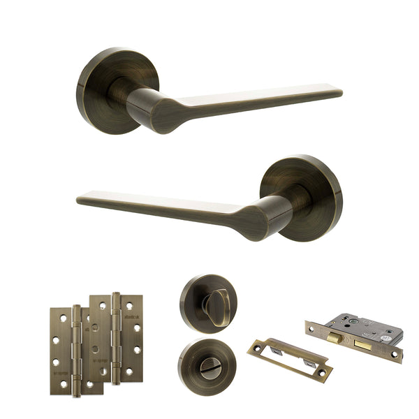 Senza Pari Laviano Door Handle Pack (Bathroom Set - 3" CE Bathroom Lock, 4" Slim Knuckle Hinges x2) - Antique Brass - ADPSPR180AB13 - Choice Handles