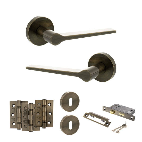 Senza Pari Laviano Door Handle Pack (3 Lever Lock Set - 2.5" CE Sashlock, 3" Fire Rated Hinges x3) - Antique Brass - ADPSPR180AB14 - Choice Handles