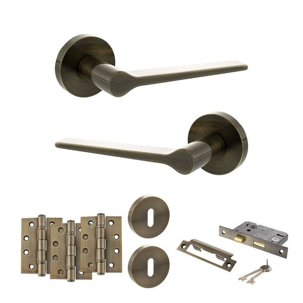 Senza Pari Laviano Door Handle Pack (3 Lever Lock Set - 3" CE Sashlock, 4" Fire Rated Hinges x3) - Antique Brass - ADPSPR180AB17 - Choice Handles