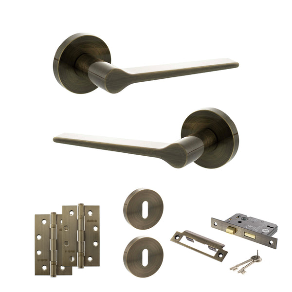 Senza Pari Laviano Door Handle Pack (3 Lever Lock Set - 2.5" CE Sashlock, 4" Slim Knuckle Hinges x2) - Antique Brass - ADPSPR180AB18 - Choice Handles