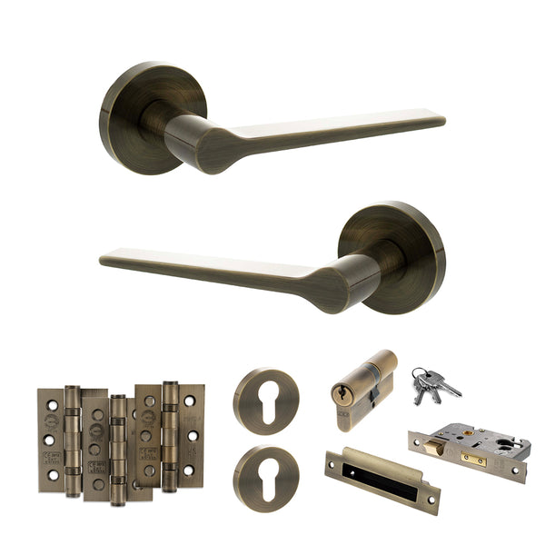 Senza Pari Laviano Door Handle Pack (Euro Lock Set - 2.5" CE Sashlock, 3" Fire Rated Hinges x3) - Antique Brass - ADPSPR180AB20 - Choice Handles