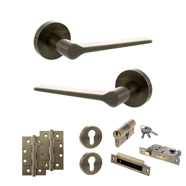 Senza Pari Laviano Door Handle Pack (Euro Lock Set - 2.5" CE Sashlock, 4" Slim Knuckle Hinges x2) - Antique Brass - ADPSPR180AB24 - Choice Handles