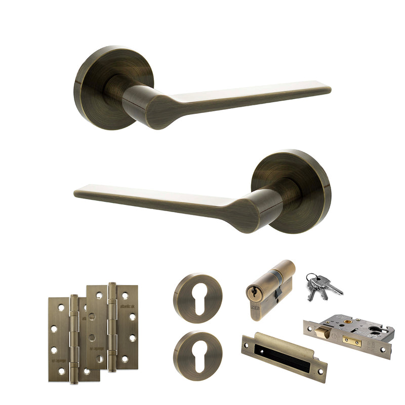 Senza Pari Laviano Door Handle Pack (Euro Lock Set - 2.5" CE Sashlock, 4" Slim Knuckle Hinges x2) - Antique Brass - ADPSPR180AB24 - Choice Handles