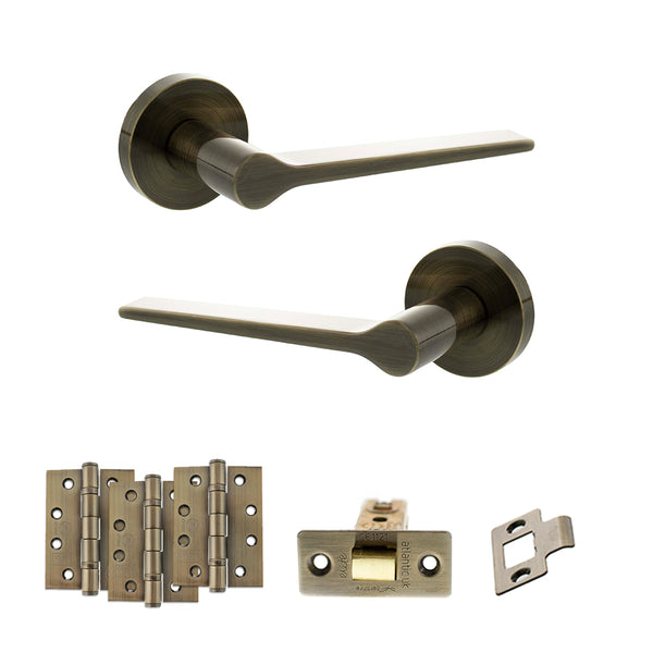 Senza Pari Laviano Door Handle Pack (Latch Set - 2.5" CE Latch, 4" Fire Rated Hinges x3) - Antique Brass - ADPSPR180AB3 - Choice Handles