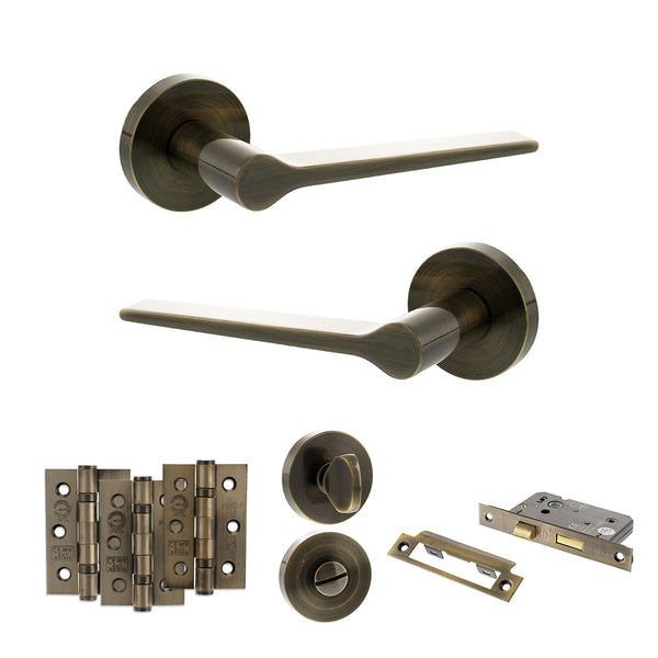 Senza Pari Laviano Door Handle Pack (Bathroom Set - 2.5" CE Bathroom Lock, 3" Fire Rated Hinges x3) - Antique Brass - ADPSPR180AB8 - Choice Handles