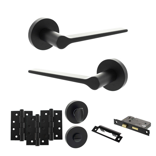 Senza Pari Laviano Door Handle Pack (Bathroom Set - 2.5" CE Bathroom Lock, 4" Fire Rated Hinges x3) - Matt Black - ADPSPR180MB10 - Choice Handles