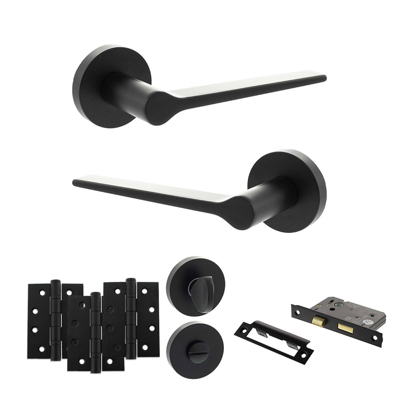 Senza Pari Laviano Door Handle Pack (Bathroom Set - 2.5" CE Bathroom Lock, 4" Fire Rated Hinges x3) - Matt Black - ADPSPR180MB10 - Choice Handles