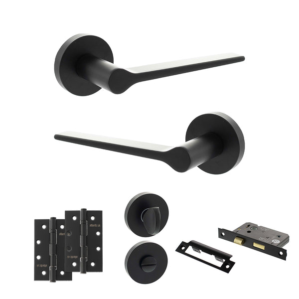 Senza Pari Laviano Door Handle Pack (Bathroom Set - 3" CE Bathroom Lock, 4" Slim Knuckle Hinges x2) - Matt Black - ADPSPR180MB13 - Choice Handles