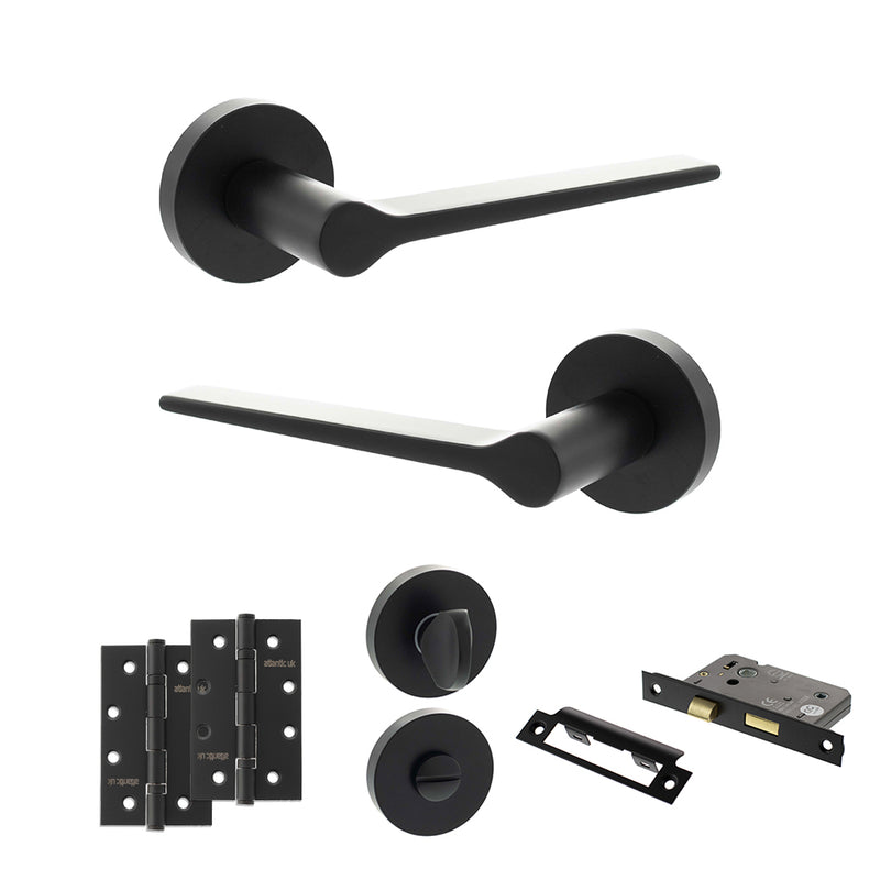 Senza Pari Laviano Door Handle Pack (Bathroom Set - 3" CE Bathroom Lock, 4" Slim Knuckle Hinges x2) - Matt Black - ADPSPR180MB13 - Choice Handles