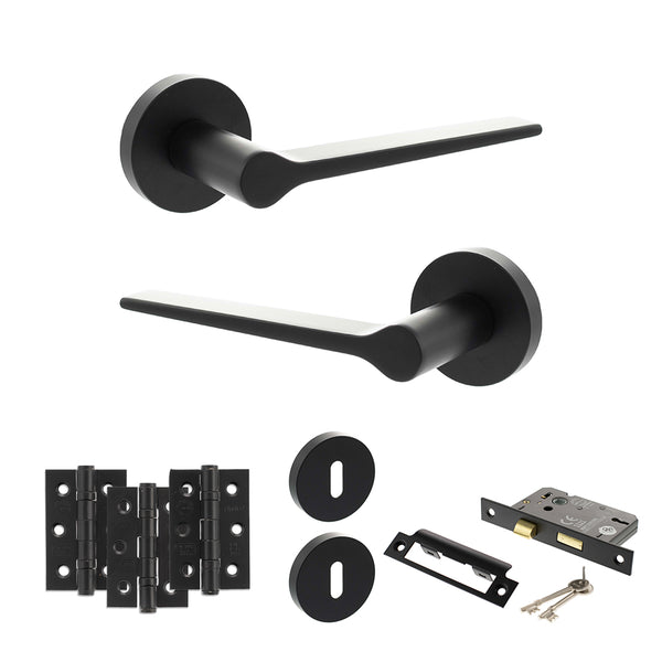 Senza Pari Laviano Door Handle Pack (3 Lever Lock Set - 3" CE Sashlock, 3" Fire Rated Hinges x3) - Matt Black - ADPSPR180MB15 - Choice Handles