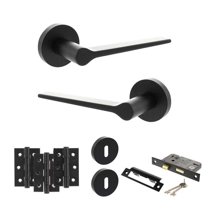 Senza Pari Laviano Door Handle Pack (3 Lever Lock Set - 3" CE Sashlock, 3" Fire Rated Hinges x3) - Matt Black - ADPSPR180MB15 - Choice Handles