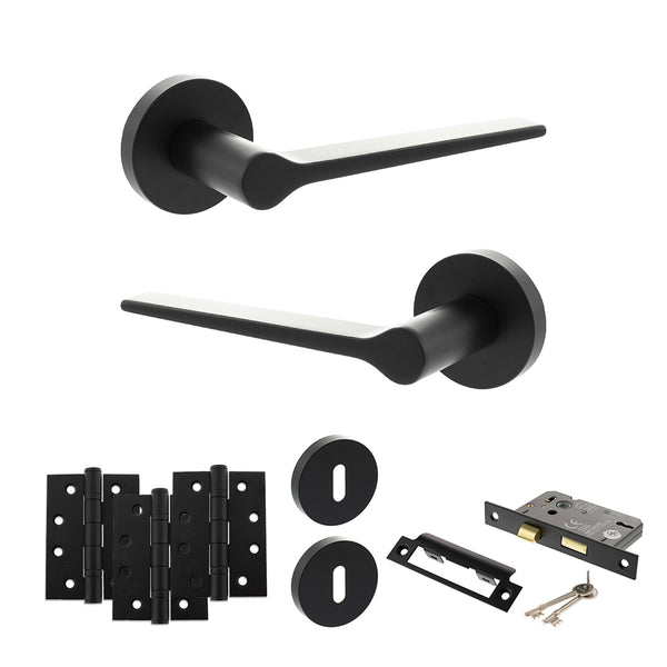 Senza Pari Laviano Door Handle Pack (3 Lever Lock Set - 2.5" CE Sashlock, 4" Fire Rated Hinges x3) - Matt Black - ADPSPR180MB16