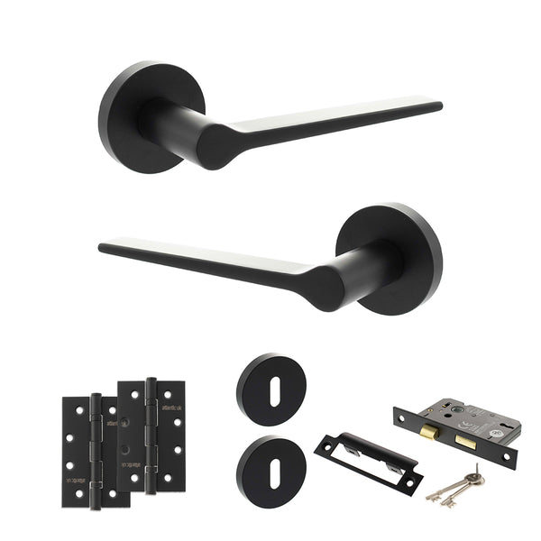 Senza Pari Laviano Door Handle Pack (3 Lever Lock Set - 2.5" CE Sashlock, 4" Slim Knuckle Hinges x2) - Matt Black - ADPSPR180MB18