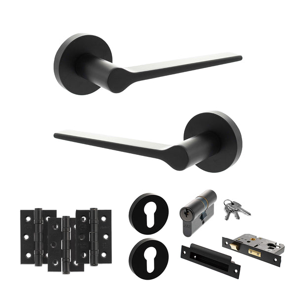 Senza Pari Laviano Door Handle Pack (Euro Lock Set - 2.5" CE Sashlock, 3" Fire Rated Hinges x3) - Matt Black - ADPSPR180MB20