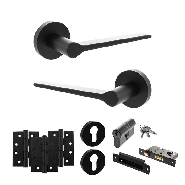 Senza Pari Laviano Door Handle Pack (Euro Lock Set - 3" CE Sashlock, 4" Fire Rated Hinges x3) - Matt Black - ADPSPR180MB23