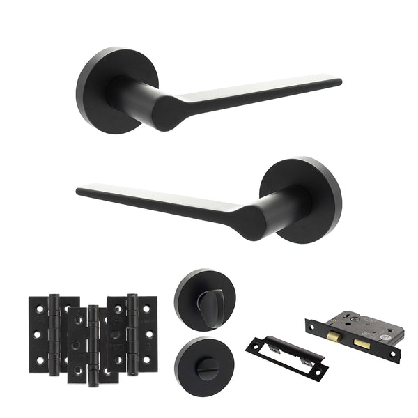 Senza Pari Laviano Door Handle Pack (Bathroom Set - 2.5" CE Bathroom Lock, 3" Fire Rated Hinges x3) - Matt Black - ADPSPR180MB8