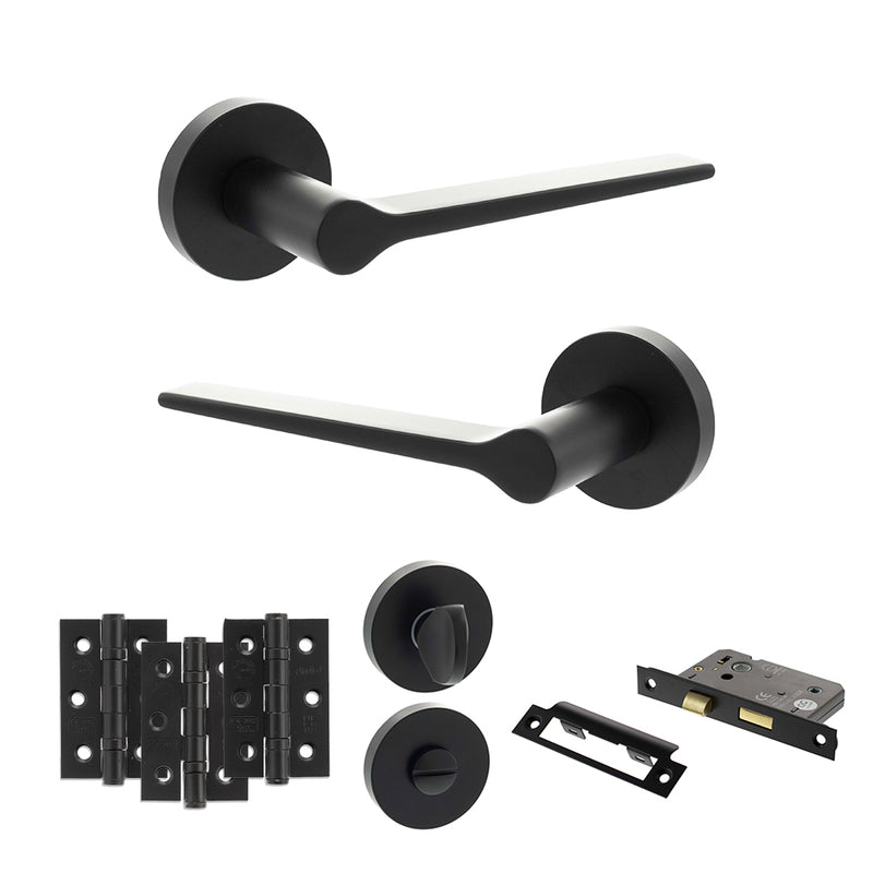Senza Pari Laviano Door Handle Pack (Bathroom Set - 2.5" CE Bathroom Lock, 3" Fire Rated Hinges x3) - Matt Black - ADPSPR180MB8