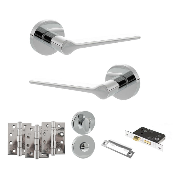 Senza Pari Laviano Door Handle Pack (Bathroom Set - 3" CE Bathroom Lock, 4" Fire Rated Hinges x3) - Polished Chrome - ADPSPR180PC11