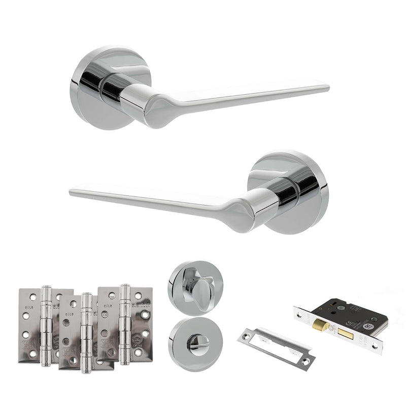 Senza Pari Laviano Door Handle Pack (Bathroom Set - 3" CE Bathroom Lock, 4" Fire Rated Hinges x3) - Polished Chrome - ADPSPR180PC11 - Choice Handles