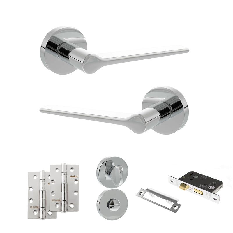 Senza Pari Laviano Door Handle Pack (Bathroom Set - 2.5" CE Bathroom Lock, 4" Slim Knuckle Hinges x2) - Polished Chrome - ADPSPR180PC12